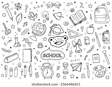 Large set of school supplies.
Vector illustration with the image of a frog. Doodle, hand drawing.
Topic: Little frog goes to school.