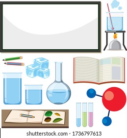 Large set of science equipment on white background illustration