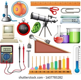 Large set of science equipments on white background illustration