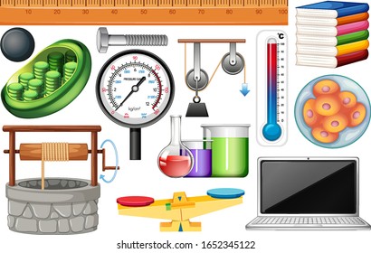 Large set of science equipments on white background illustration