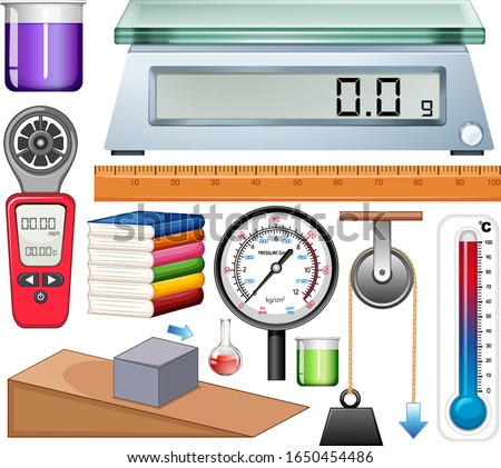Large set of science equipments on white background illustration