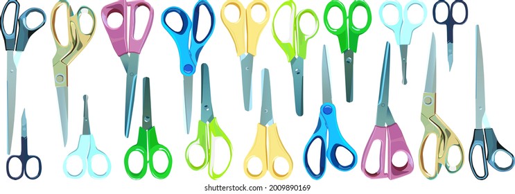 A large set of scissors. Vector illustration of scissors for sewing, manicure, office.