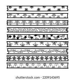 A large set of scotch tape strips with different patterns, hand-drawn in doodle style. Stars on white background in different designs. Scotch tape stickers. Vector illustration. 