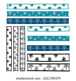 Large set of scotch tape strips with different hand-drawn doodle patterns. Stars on white background with different patterns. Scotch tape stickers. Vector illustration. 