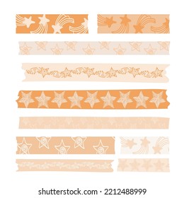 Large set of scotch tape strips with various hand-drawn designs. Pastel stars with different patterns. Scotch tape stickers. Vector illustration. 