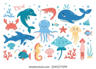 Large set of sea animals on white background. SeaLife collection. Characters in children's style. Isolated vector illustration.