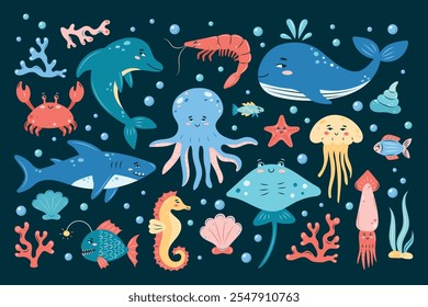 Large set of sea animals on dark background. SeaLife collection. Characters in children's style. Isolated vector illustration.