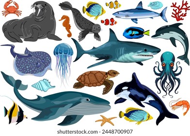 Large set of sea animals.Vector color set of sea animals on a transparent background.