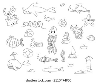 A large set of sea creatures and elements, icons. Marine theme drawn by contour, octopus, fish. a lifeline on the theme of the sea. Oceanic set for postcards, coloring books, Vector illustration