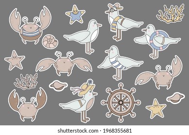 Large set of seabirds and animals stickers. Cute characters - crabs and starfish, seagulls - boys and a girl. Underwater corals and seashells. Vector. Isolated color drawings