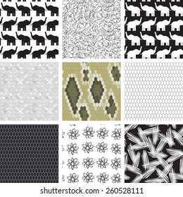 large set of seamless pattern with elephants.  Snake skin texture Seamless pattern python. pattern of triangles, gray background. Vector