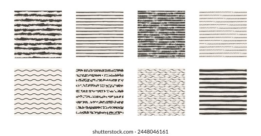 Large set of seamless patterns with grunge rough lines, brush strokes. Set of striped monochrome backgrounds. Endless texture can be used for wallpaper, pattern fills, web page background. Vector