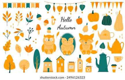 A large set of seasonal fall elements on a white background 