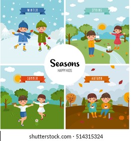 Large set of seasons. Beautiful scenery in the winter, summer, spring and autumn theme. Happy children are skating, launch a boat, sit in the autumn park and enjoy the summer. Cartoon landscape.