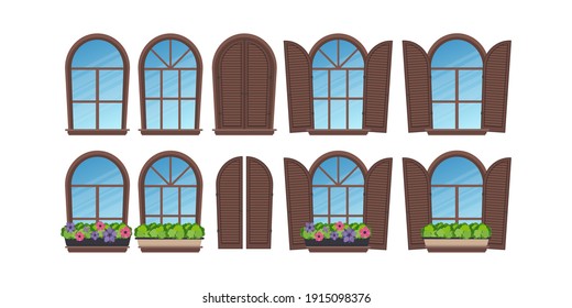 A large set of semicircular windows with shutters and flowers. In a flat style. Isolated. Vector illustration.