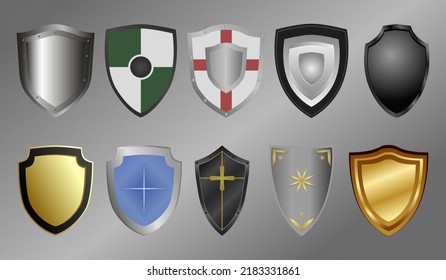 Large set of shields. Protection. Medieval knight shield. Vector illustration