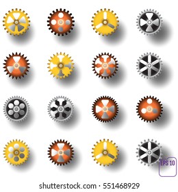 A large set of shiny gears for your design. Isolated vector objects. Technology background with metal gears and cogwheels.