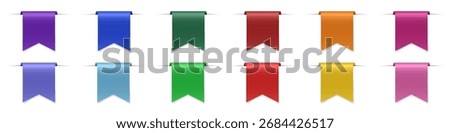 Large set of short ribbons or bookmarks. Favorites sign. Flag shape. Multicolored labels