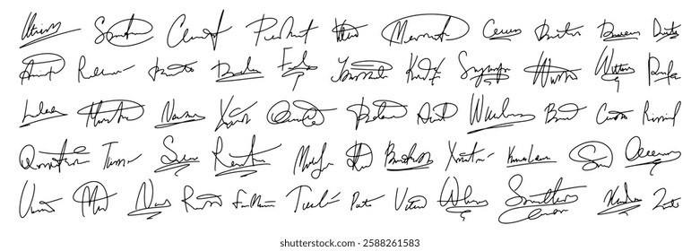 A large set with signatures. Vector handwritten signature. Forged autograph written in different handwritings. Examples of documents and contracts with ink and pencil signatures.