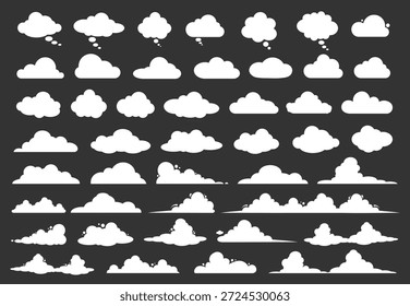 Un Grande conjunto de siluetas de nubes negras de diferentes Formas sobre un fondo blanco. Elementos para su diseño. Vector 10.