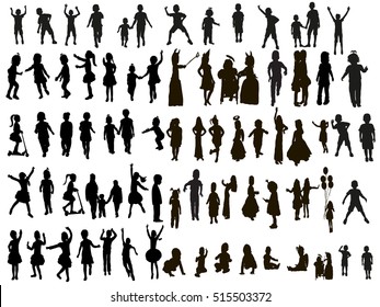 large set of silhouettes, children, vector