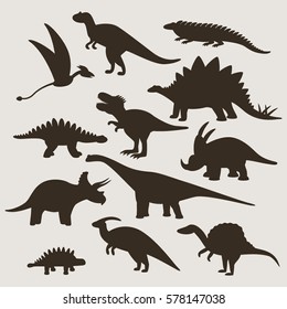 Large set of silhouettes of different dinosaurs. flat vector illustration isolate on a white background