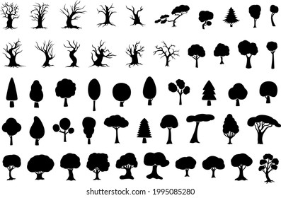 Un gran conjunto de siluetas de árboles diferentes. Ilustración vectorial.