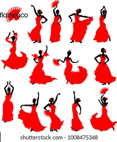 Large set of silhouettes of flamenco dancers in red dresses