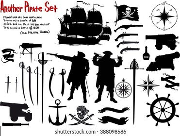 Large set of silhouettes image for true pirates with ammunition, ships and weapons