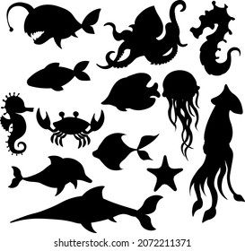 A large set of silhouettes of marine life. Vector illustration.