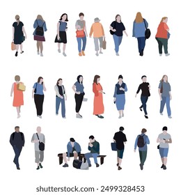 A large set of silhouettes of people. 2D image for use as an entourage. Vector flat city infographics.