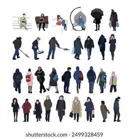 A large set of silhouettes of people. 2D image for use as an entourage. Vector flat city infographics.