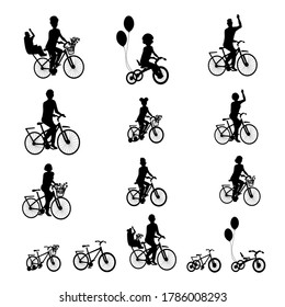 Large set of silhouettes of people on bicycles. Young people, children, seniors and bicycles. Black and white collection. Healthy lifestyle. Vector illustration isolated on white background.