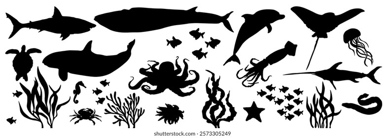 Large set of silhouettes of sea inhabitants. Sea inhabitants of the depths. Black and white drawings of sea creatures. Fish, whale, dolphin, shark, jellyfish, turtle, algae