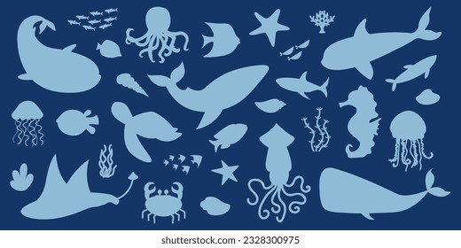 Large set of silhouettes sea life. Silhouettes elements of underwater life. Vector collection of marine animals and algae. Underwater life. Isolated objects on blue background. 