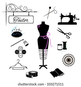 Large set of silhouettes of sewing. The sign "tailor" and attributes sewing. Black and white vector illustration with colored elements