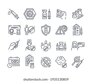 Large set of simple black and white line drawn vaccine and vaccination icons showing patients, bottles, medical staff, certificates and syringes, vector illustration for design elements