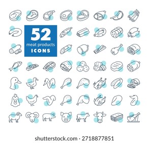 Un Grande conjunto de simples iconos de vector de arte lineal en blanco y negro que representan varias carnes, aves y productos pesqueros, cortes y animales.