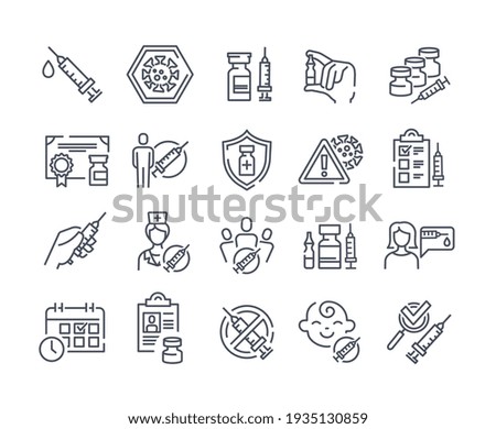 Large set of simple black and white line drawn vaccine and vaccination icons showing patients, bottles, medical staff, certificates and syringes, vector illustration for design elements