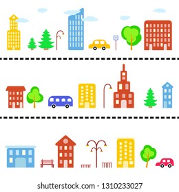 A large set of simple flat objects of the city street: car, buildings, trees, lamppost, shop. Colorful icons isolated on white background