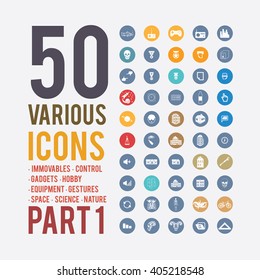 Large set of simple icons on various subjects: Estate, Management, gadgets, hobbies, tehika, gestures, space, science, nature. Collection of high quality icons for working with Web graphics.