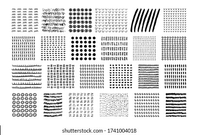 A large set of simple symmetrical patterns. Hand drawn ink illustrations. Neat vector elements for design and decoration. Simple shapes and abstract blots and spots. Dashes, circles, waves and crosses