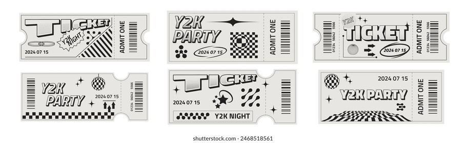 Large set of six ticket templates in trendy retro style. Y2k style party ticket with futuristic elements.