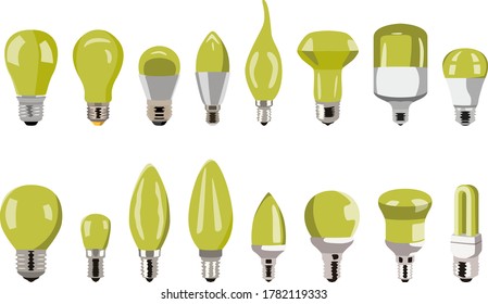 A large set of sixteen light bulbs for various design uses. Vector illustration.