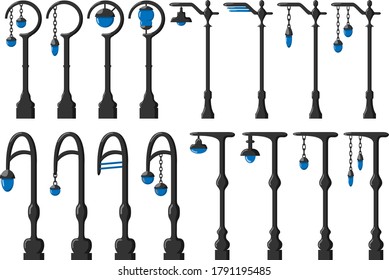 A large set of sixteen street lights for the interior of the exterior space. Vector illustration.