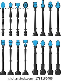 A large set of sixteen street lights for the interior of the exterior space. Vector illustration.