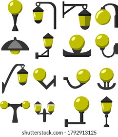 A large set of sixteen street lights for the interior of the exterior space. Vector illustration.