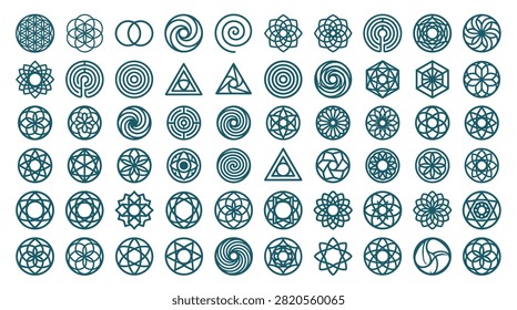 Large set of sixty minimalist teal blue line art geometric symbols including mandalas, flower of life, labyrinths, spirals, and various esoteric sacred geometry shapes on white.