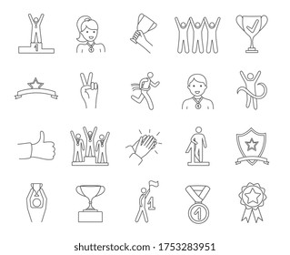 Large set of sketched Winners icons showing trophies, winners on the podium, clapping and people passing the finish line, black and white line drawn vector illustrations