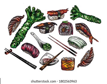 A large set of sketches of rolls and sushi in the artline style. High drawing of details and elements.Chinese sticks, wasabi, rolls, sushi, sashimi, ginger.